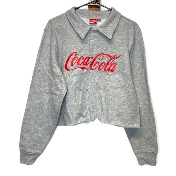 Coca Cola Gray & Red Long Sleeve Raw Hem Cropped Pullover Sweater Size M‎ - Picture 1 of 9